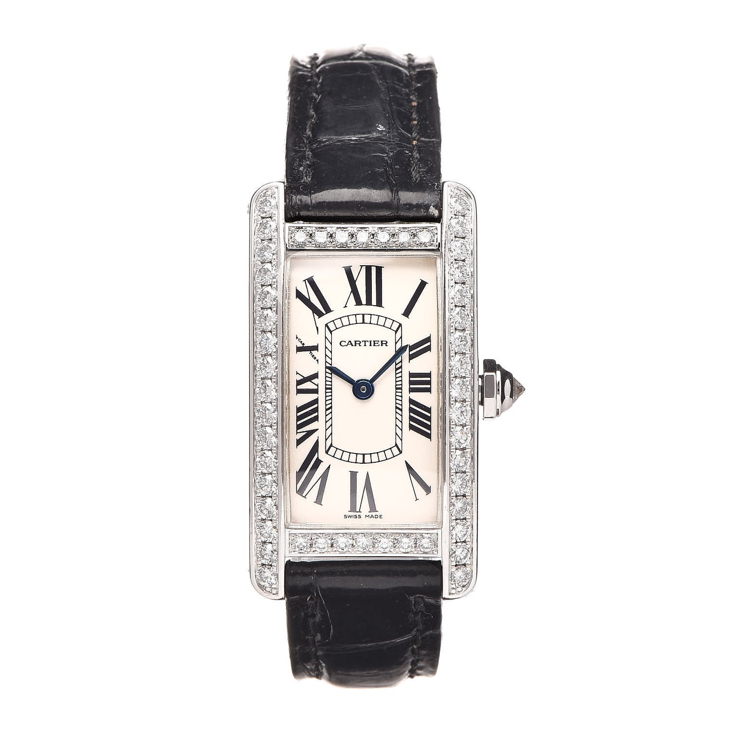 18K White Gold Alligator Diamond Bezel 19mm Tank Americaine Quartz Watch