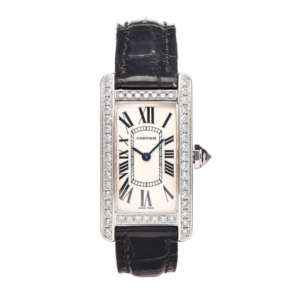 Cartier 18K White Gold Alligator Diamond Bezel 19mm Tank Americaine Quartz Watch 1 of 15