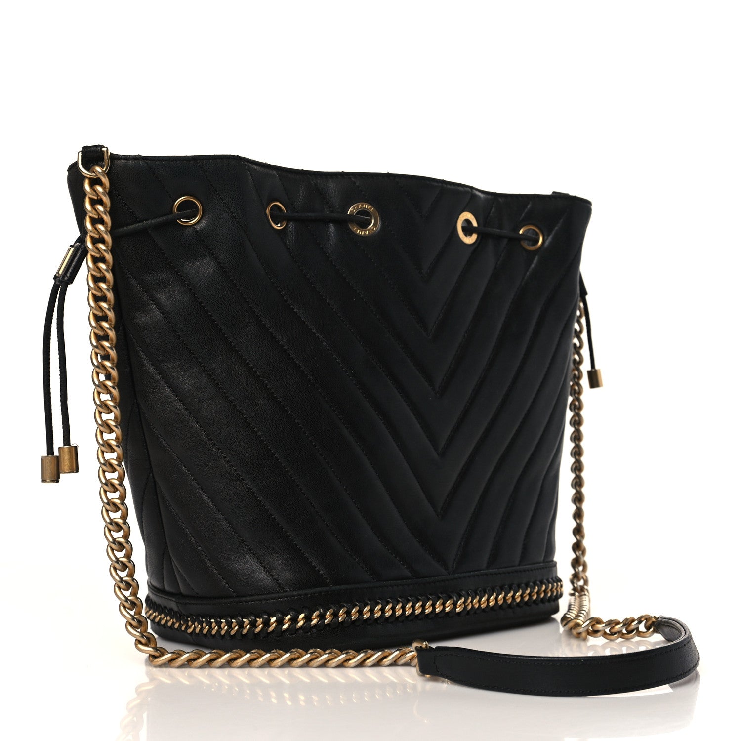 Chanel Sheepskin Chevron Quilted Drawstring Bag Black 3 of 9