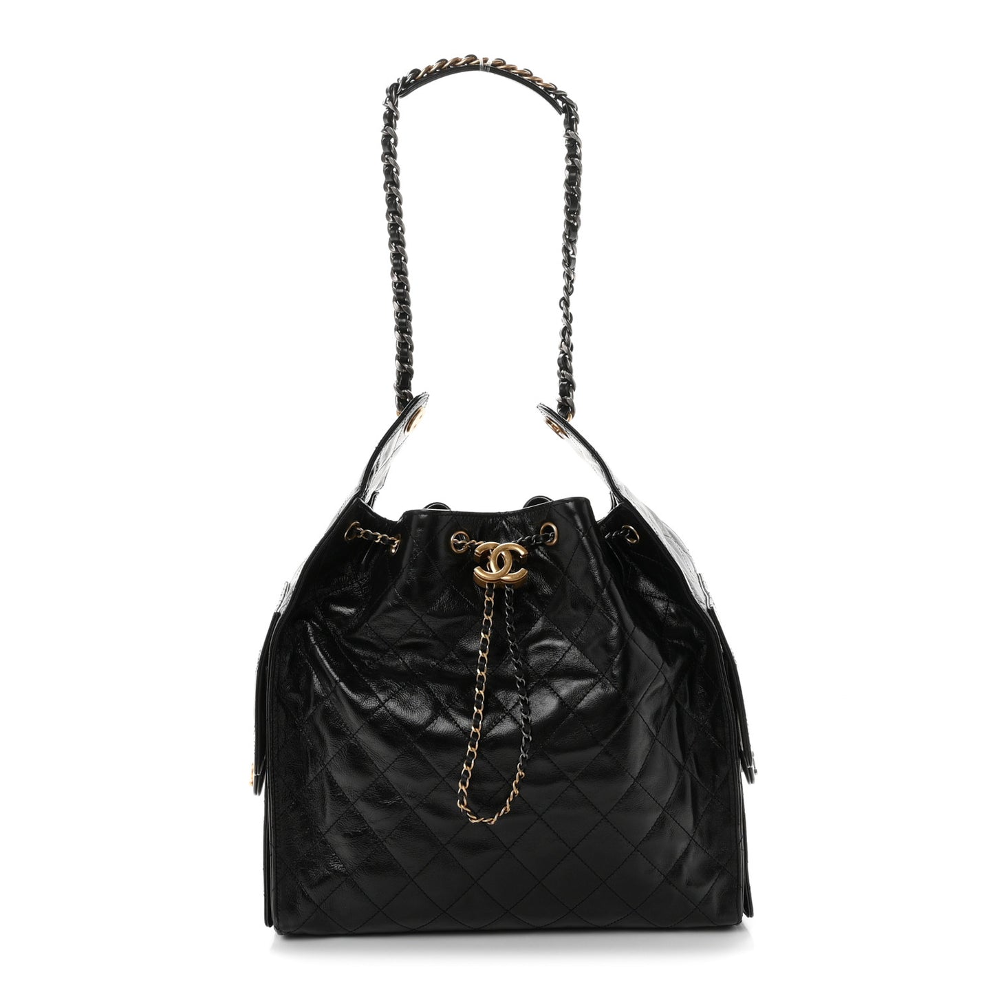 Shiny Crumpled Calfskin Quilted Medium Chanel 25 Handbag Black