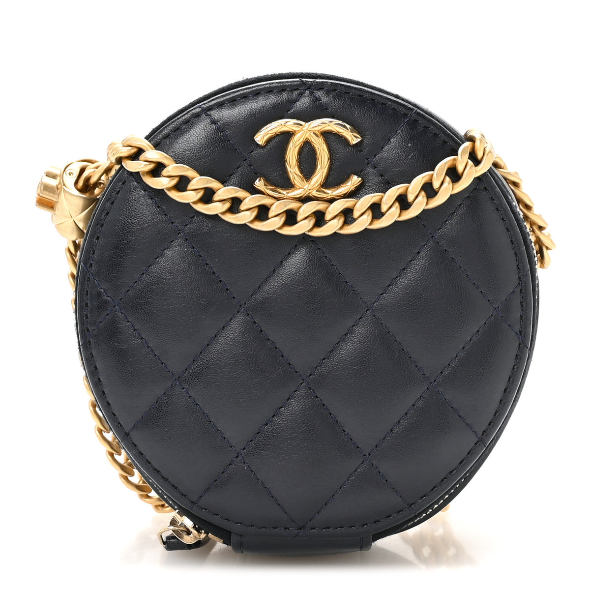 Lambskin Quilted Pillow Crush Round Clutch With Chain Navy Blue