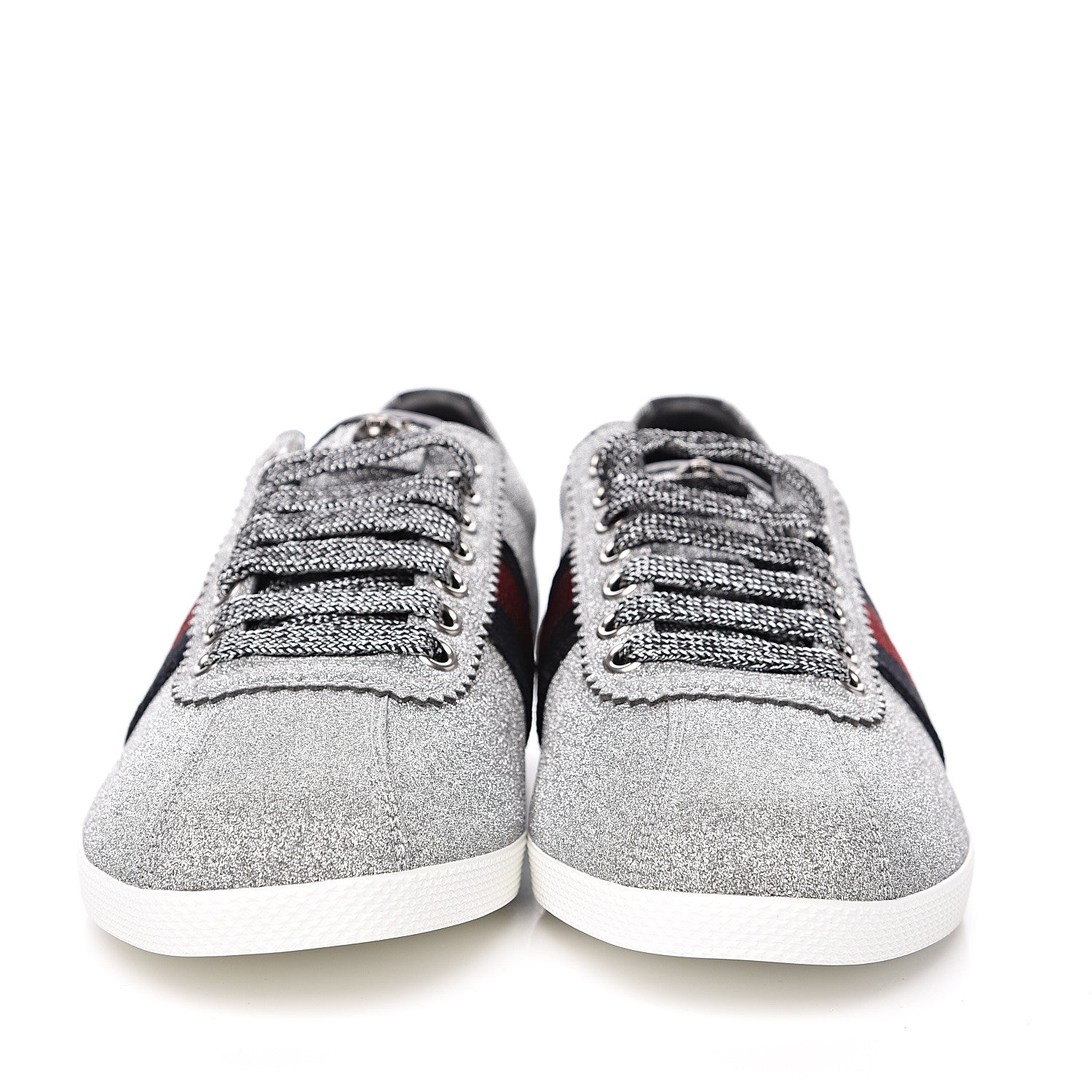 Gucci Glitter Fabric Studded Web Sneakers 37.5 Silver 2 of 10