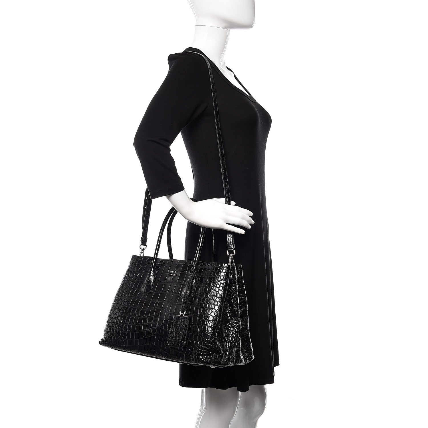 Prada Calfskin Crocodile Embossed Tote Black 2 of 9