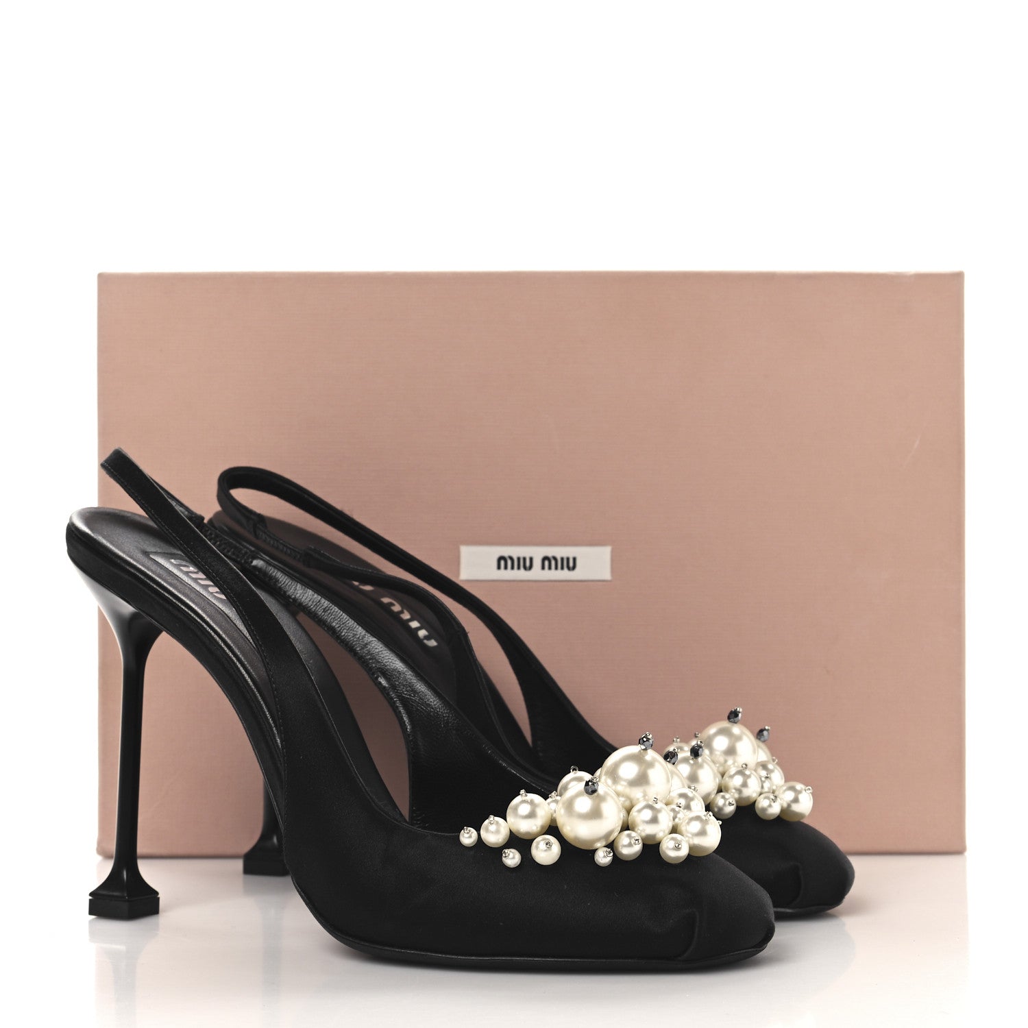 Miu Miu Satin Crystal Pearl Slingback Pumps 40 Black 1720342