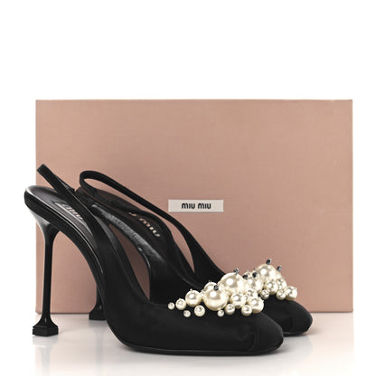 Miu Miu Satin Crystal Pearl Slingback Pumps 40 Black 9 of 9