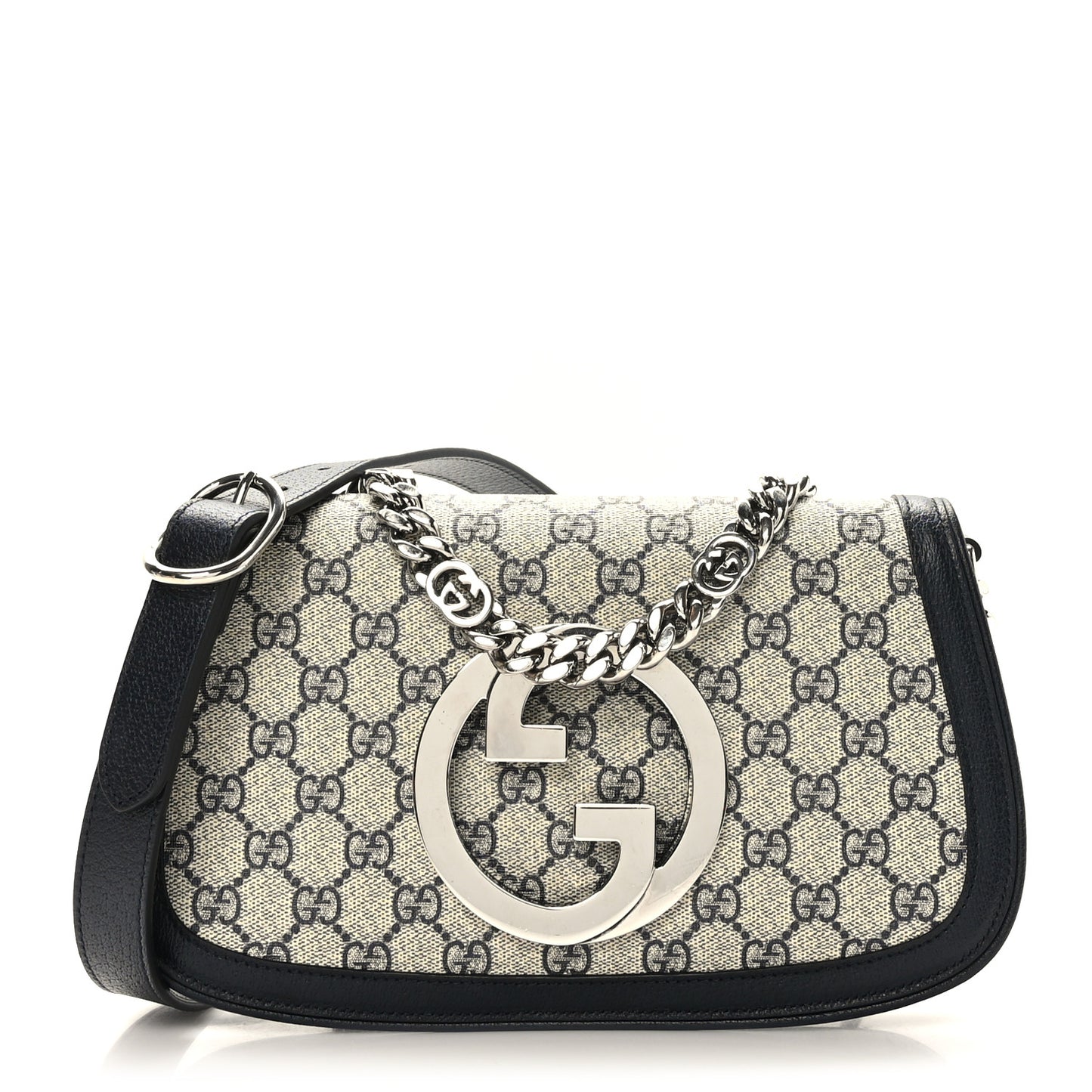 GG Supreme Monogram Textured Dollar Calfskin Blondie Chain Shoulder Flap Bag Beige Blue