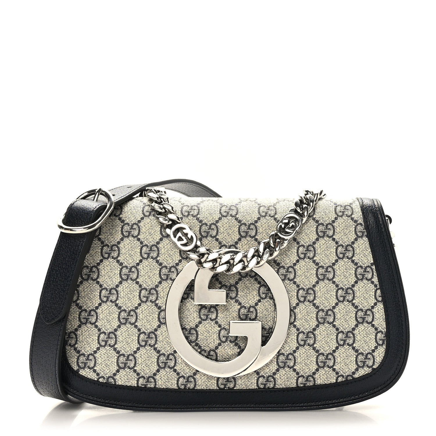 Gucci GG Supreme Monogram Textured Dollar Calfskin Blondie Chain Shoulder Flap Bag Beige Blue 1 of 8