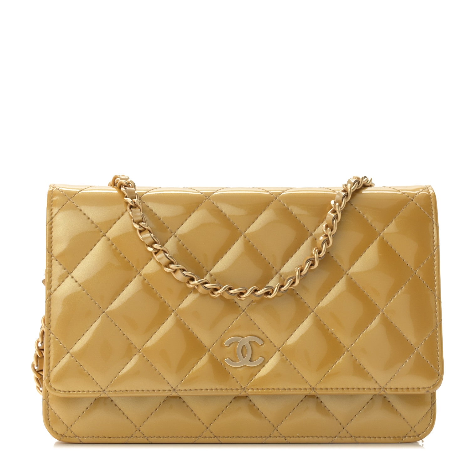 Chanel Metallic Patent Quilted Wallet On Chain WOC Gold 1 of 12