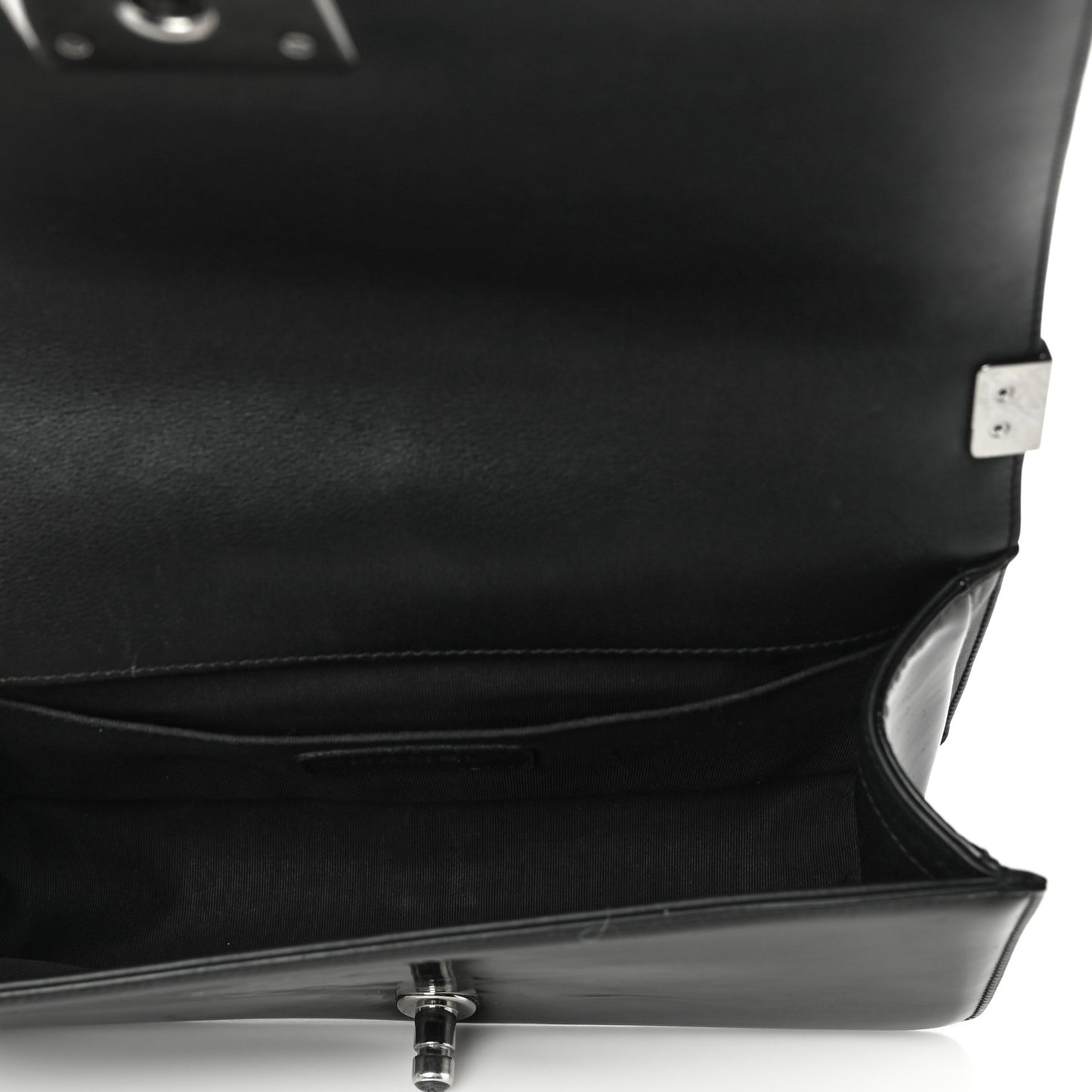 Patent Calfskin Quilted Medium Plexiglass Boy Flap Black