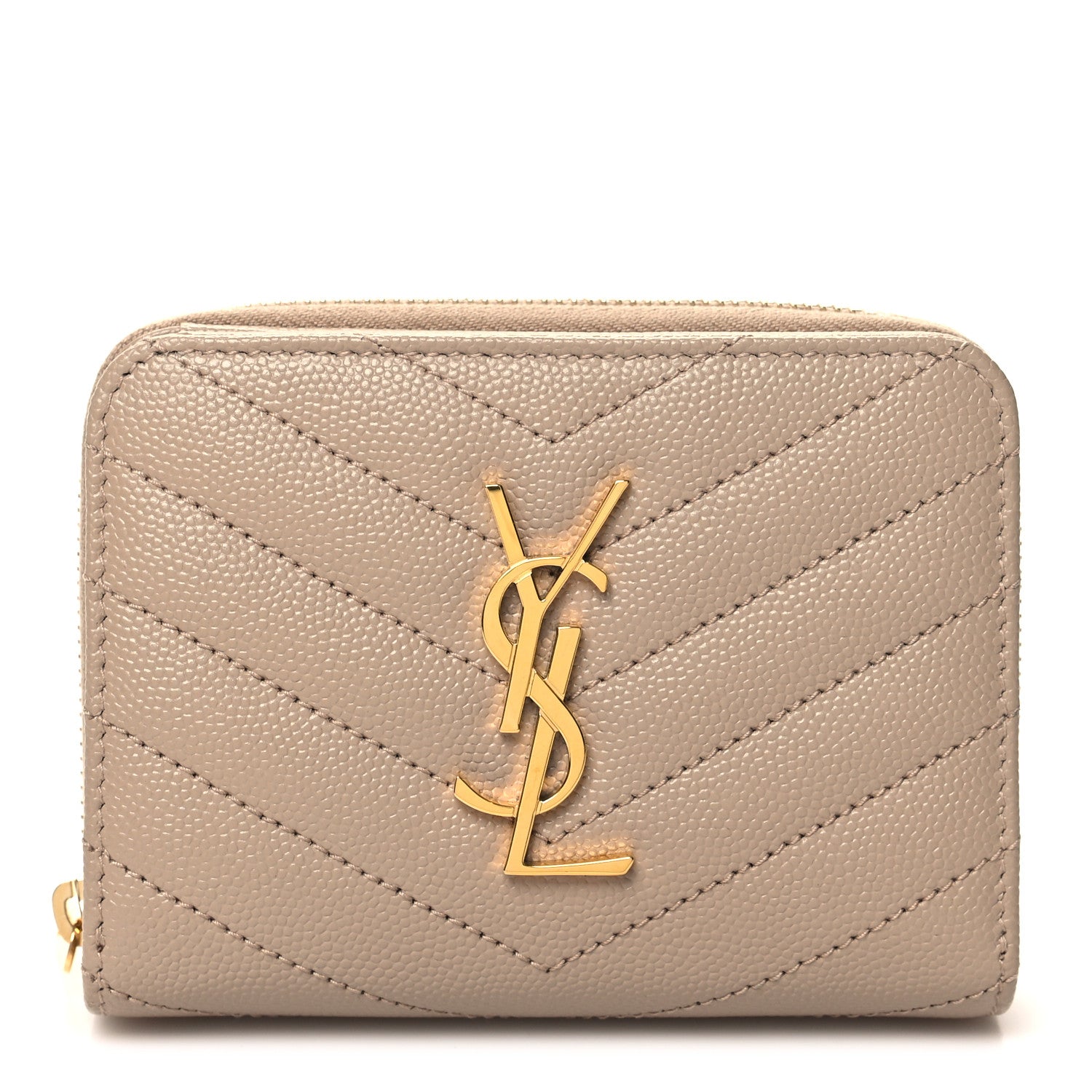 Saint Laurent Grain De Poudre Matelasse Chevron Monogram Compact Zip Around Wallet Dark Beige 1 of 8