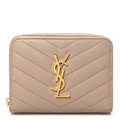 Saint Laurent Grain De Poudre Matelasse Chevron Monogram Compact Zip Around Wallet Dark Beige 1 of 8
