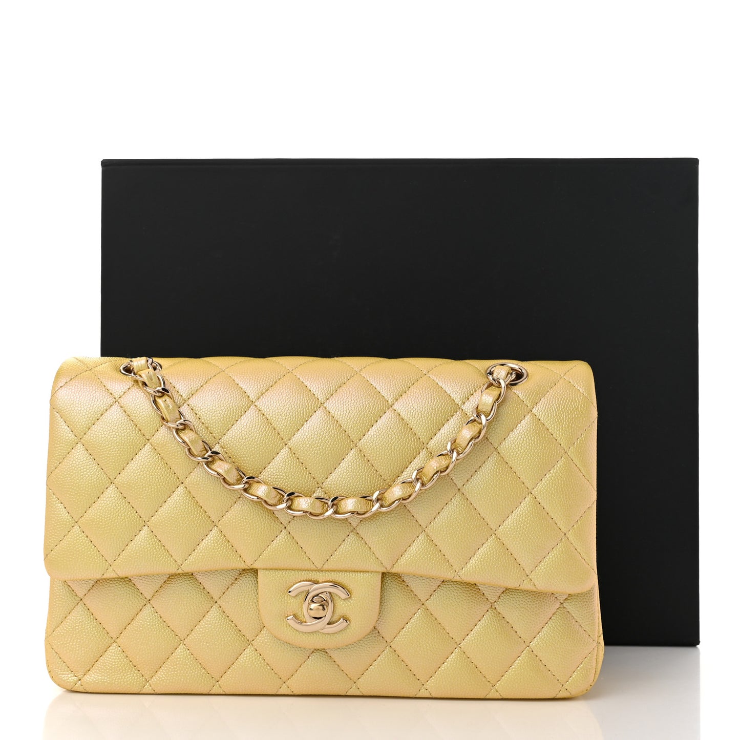 Iridescent Caviar Quilted Medium Double Flap Yellow