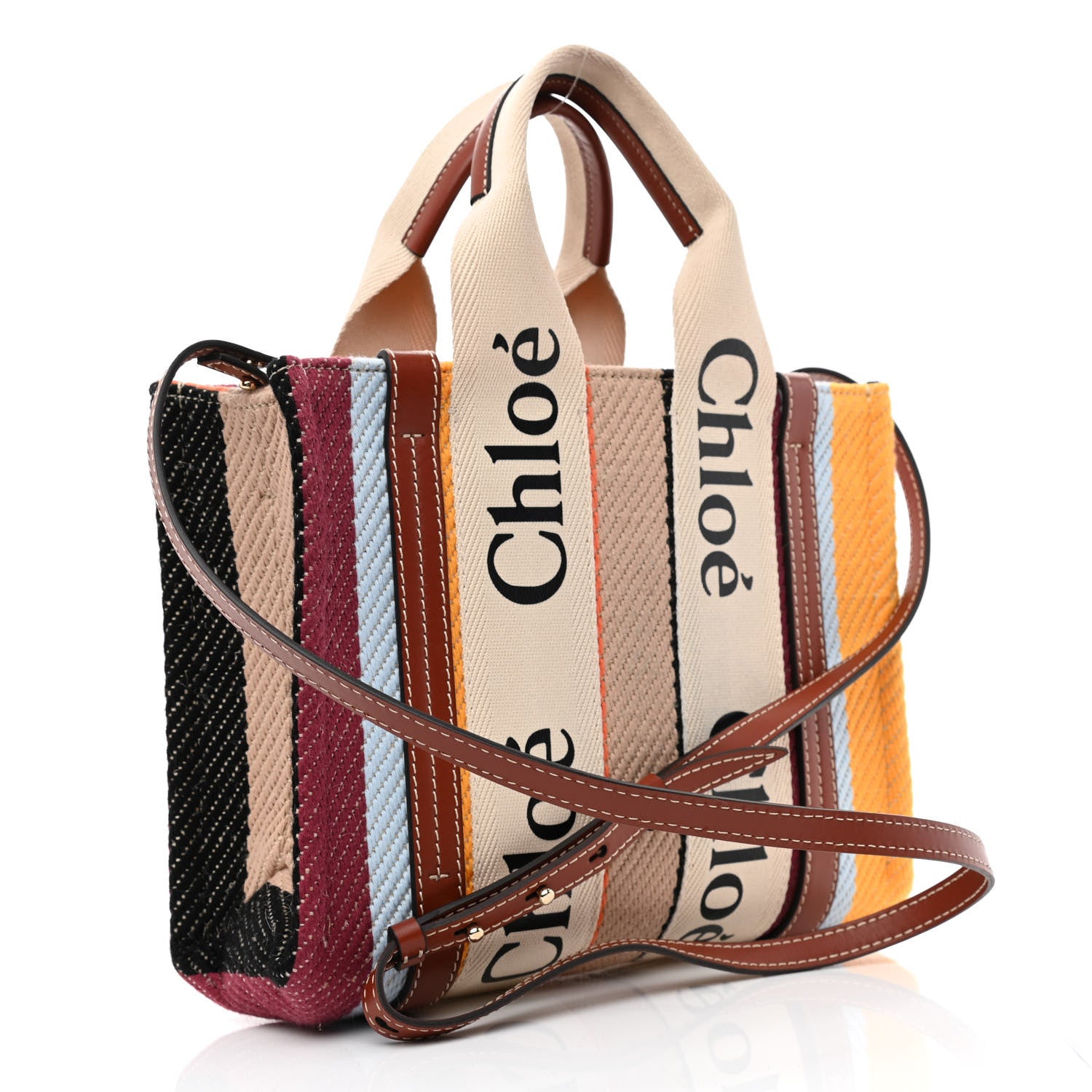 Chloe Cotton Calfskin Small Woody Striped Ribbon Tote Multicolor 3 of 11