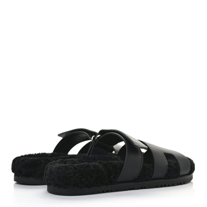 Hermes Calfskin Woolskin Womens Chypre Sandals 39 Black 3 of 7