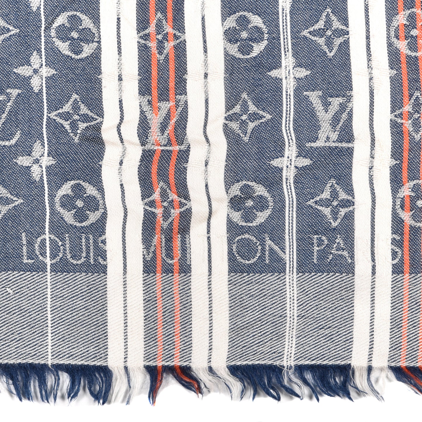 Silk Wool Monogram Mattress Stripes Shawl Blue Jean