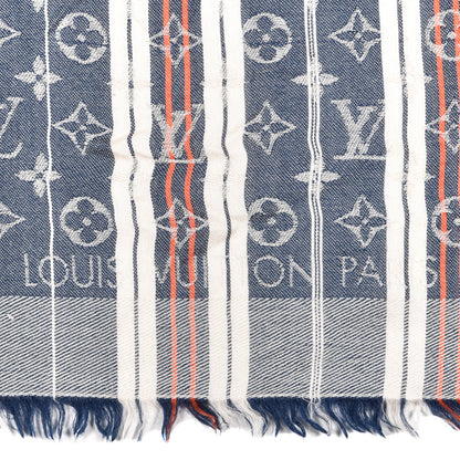 Louis Vuitton Silk Wool Monogram Mattress Stripes Shawl Blue Jean 2 of 4