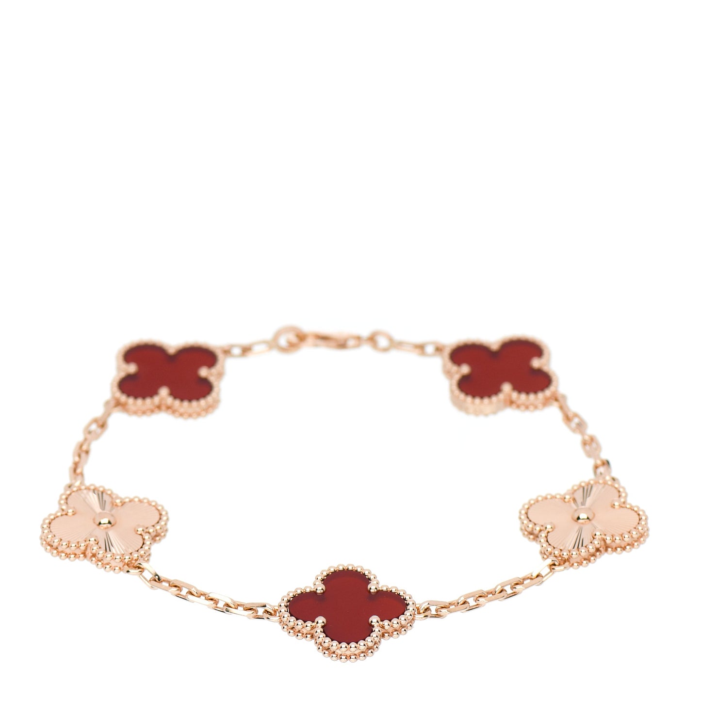 18K Rose Gold Carnelian 5 Motifs Guilloche Vintage Alhambra Bracelet