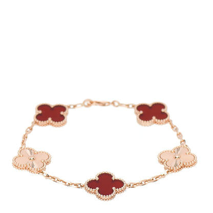 Van Cleef & Arpels 18K Rose Gold Carnelian 5 Motifs Guilloche Vintage Alhambra Bracelet 1 of 3