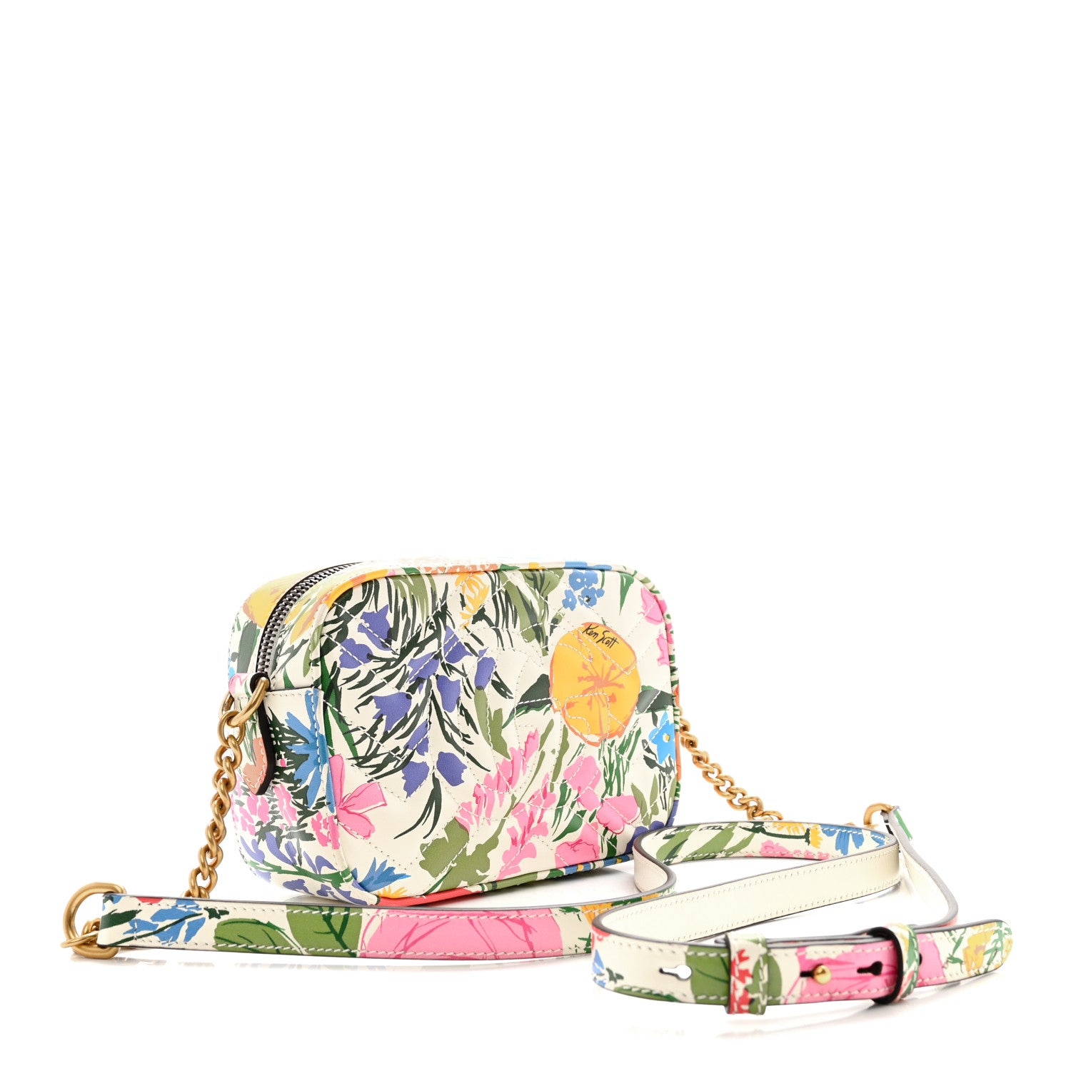 Gucci X KEN SCOTT Calfskin Matelasse Floral Print Small GG Marmont Chain Shoulder Bag Ivory Pink 3 of 17