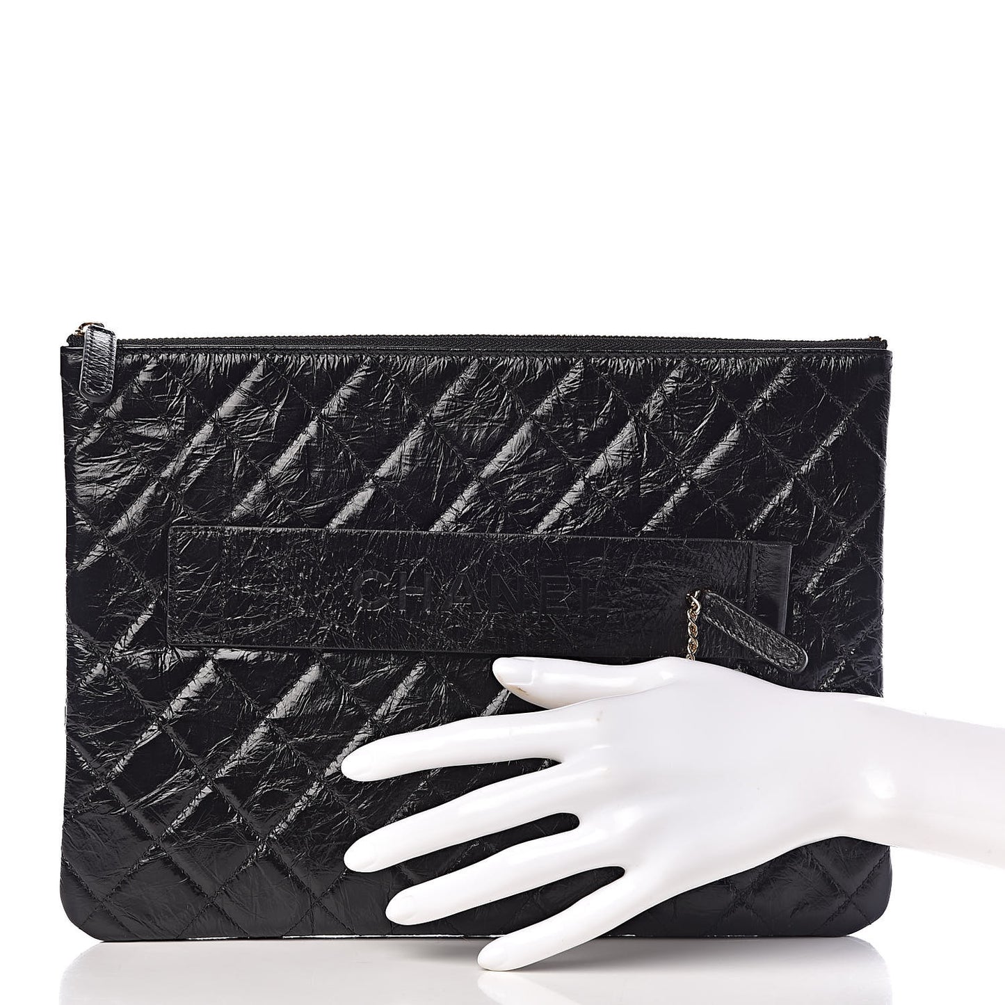 Shiny Crumpled Calfskin Quilted Medium Night by the C Pouch Clutch Black