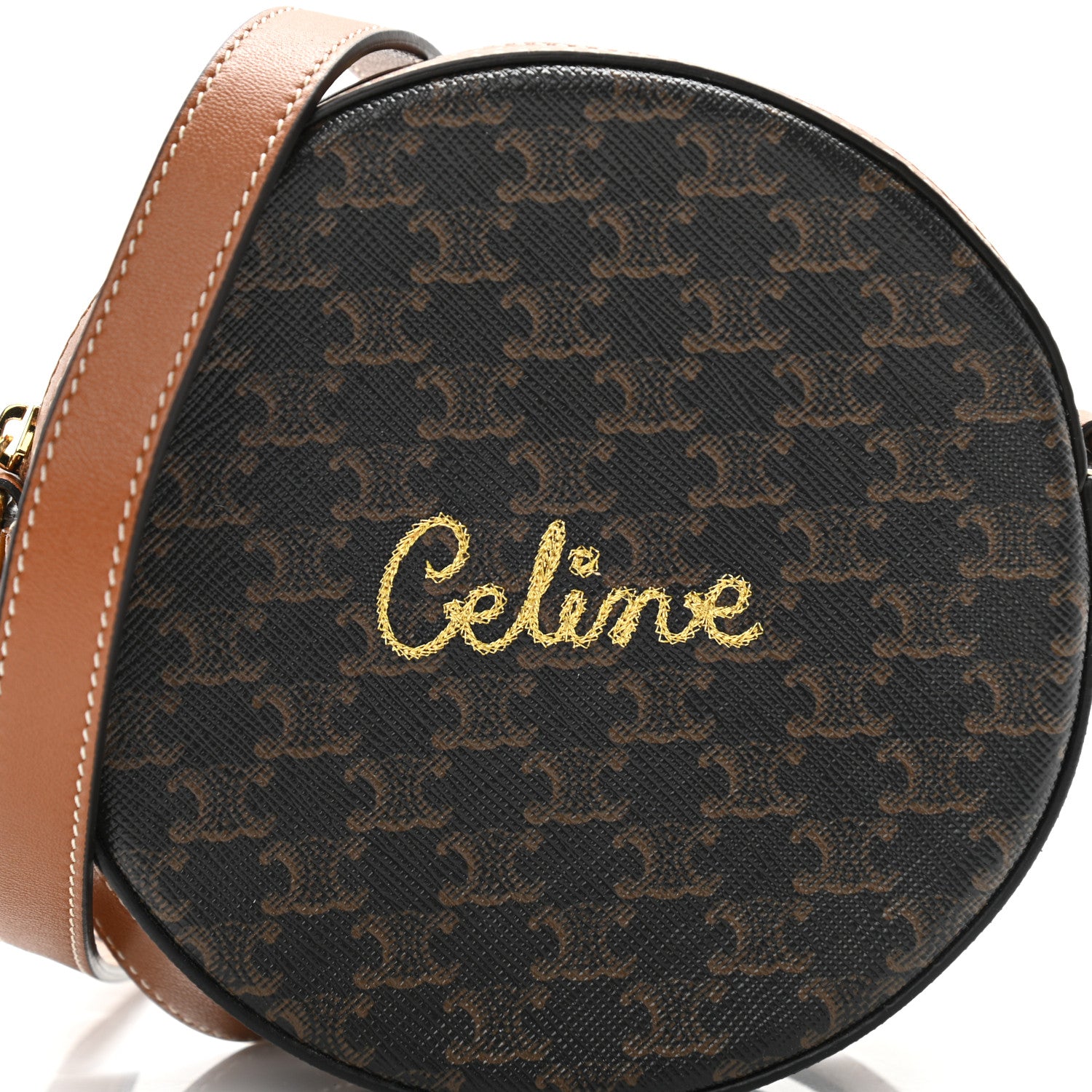 Celine Triomphe Canvas Embroidered Logo Round Purse On Strap Black Tan 8 of 11