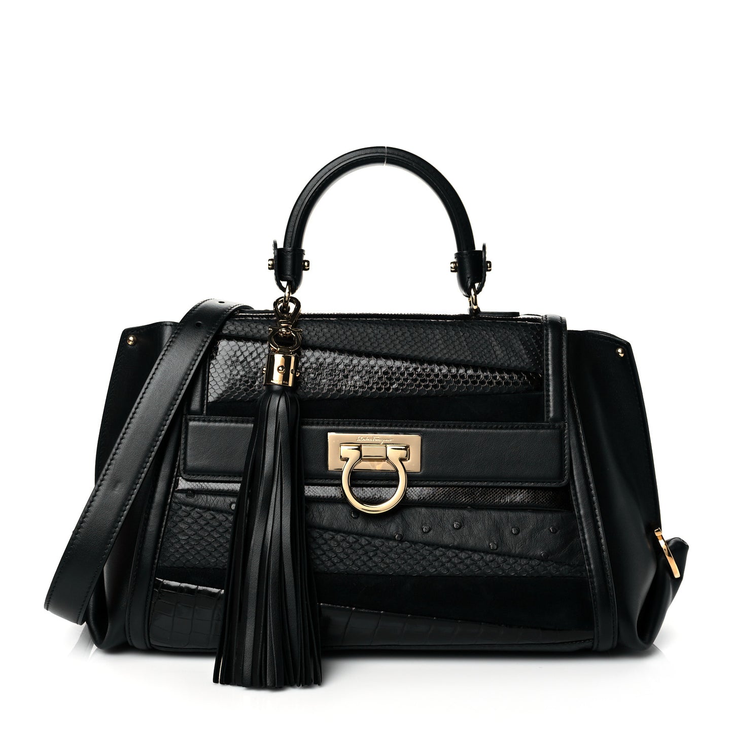 Python Crocodile Ostrich Medium Sofia Satchel Black