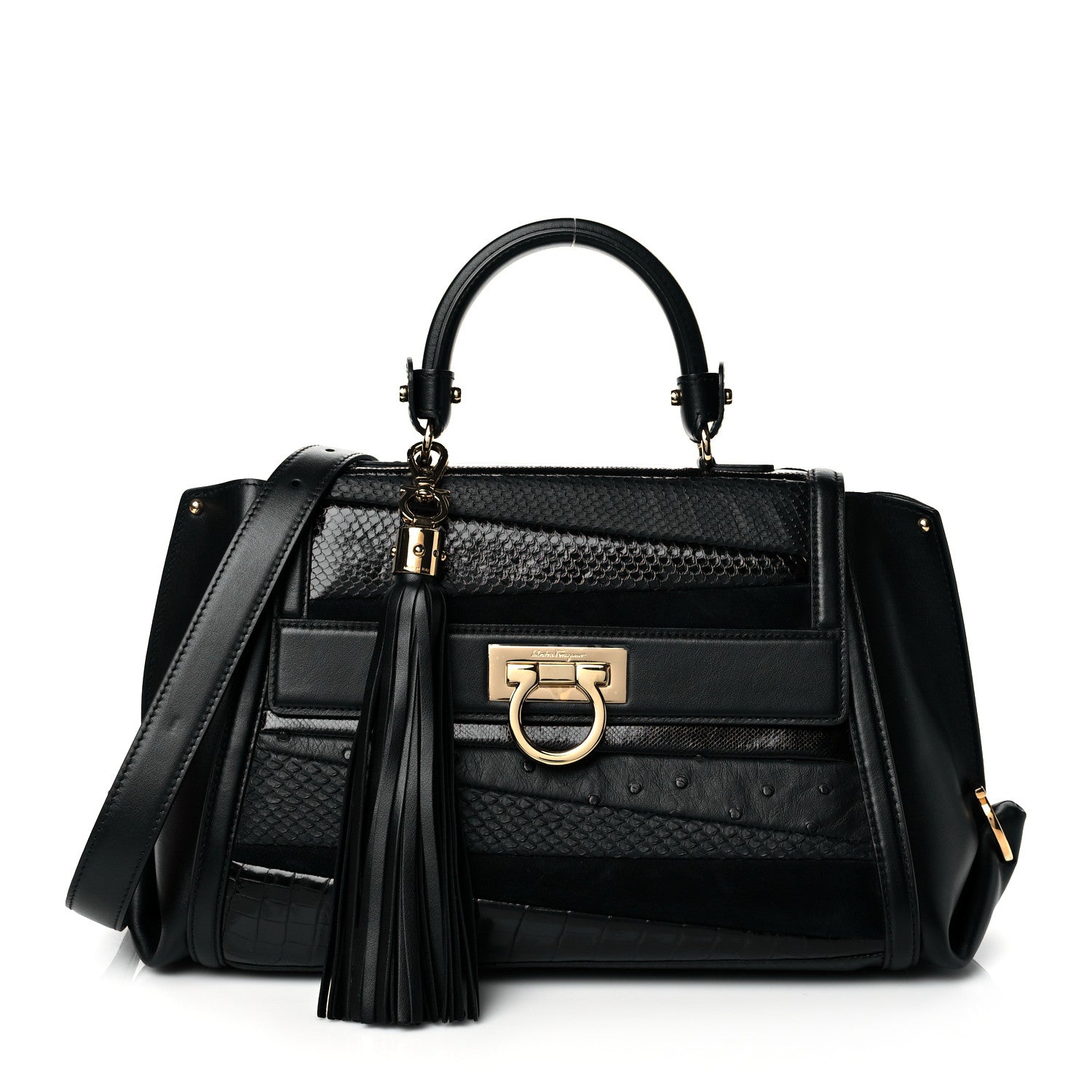 Salvatore Ferragamo Python Crocodile Ostrich Medium Sofia Satchel Black 1 of 9