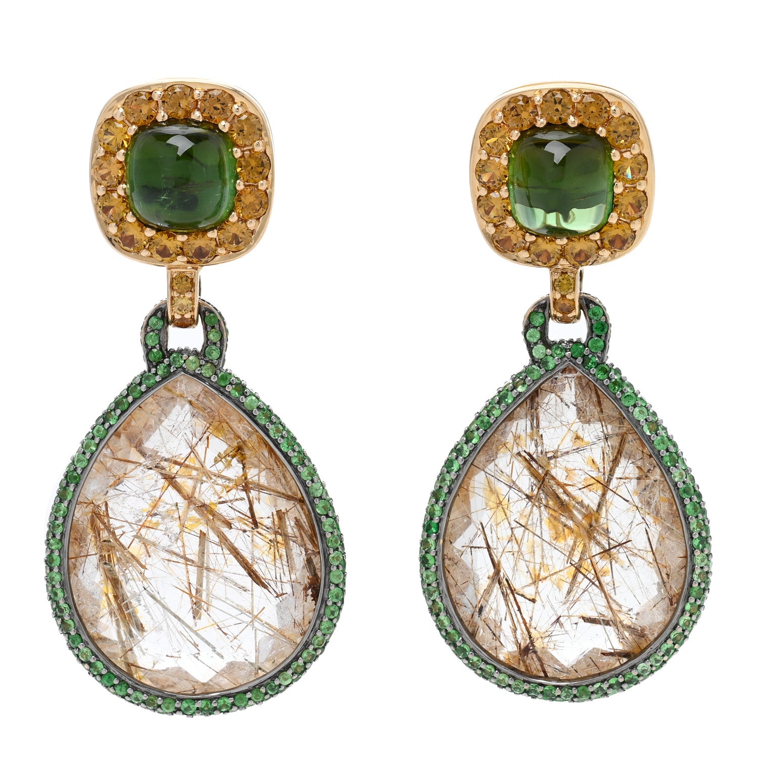 John Hardy 18K Yellow Gold Rutilated Quartz Green Tourmaline Tsavorite Drop Earrings 1 of 6