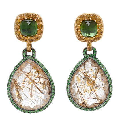 John Hardy 18K Yellow Gold Rutilated Quartz Green Tourmaline Tsavorite Drop Earrings 1 of 6