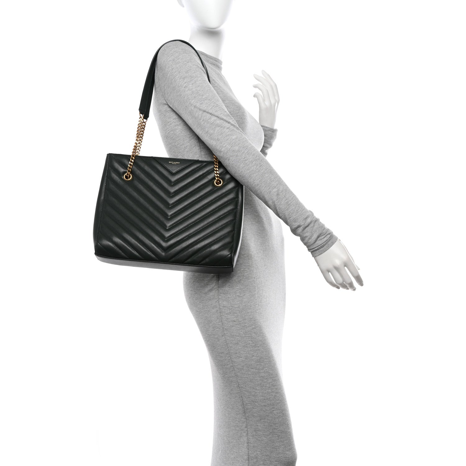 Saint Laurent Grain de Poudre Matelasse Chevron Medium Tribeca Shopping Bag Vert Fonce 2 of 11