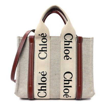 Chloe Cotton Calfskin Small Woody Ribbon Tote With Strap White Brown 1 of 11