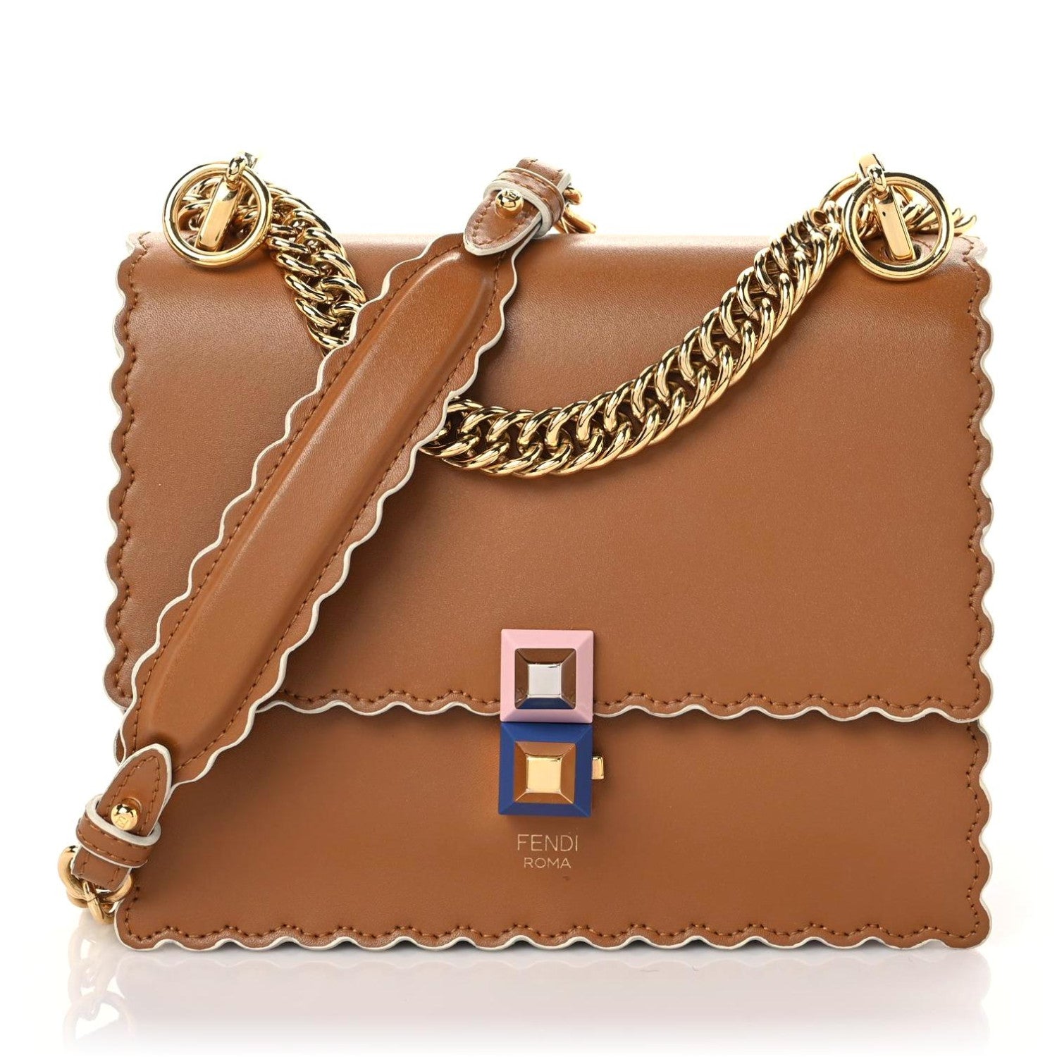Fendi Vitello Liberty Scalloped Studded Small Kan I Shoulder Bag Caramello 1 of 17