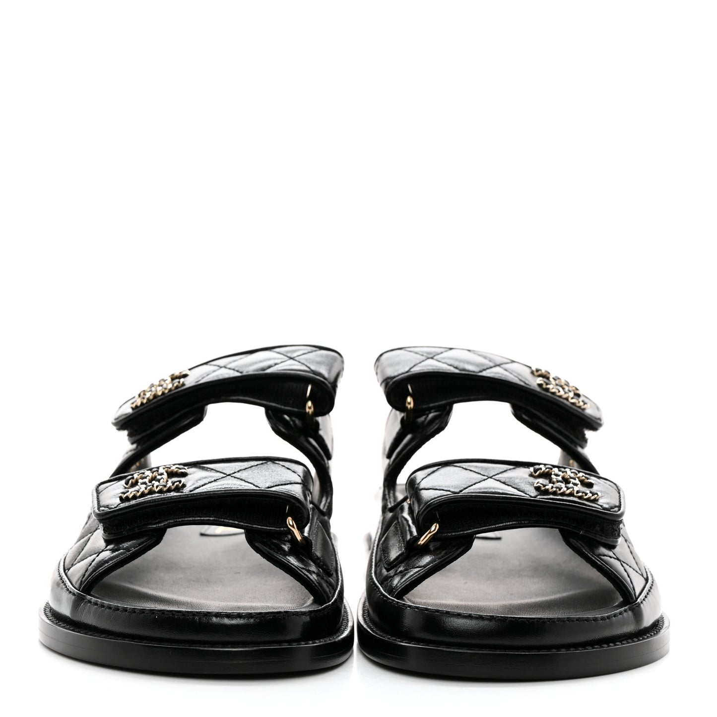 Lambskin Quilted Velcro Dad Chain CC Slide Sandals 36.5 Black