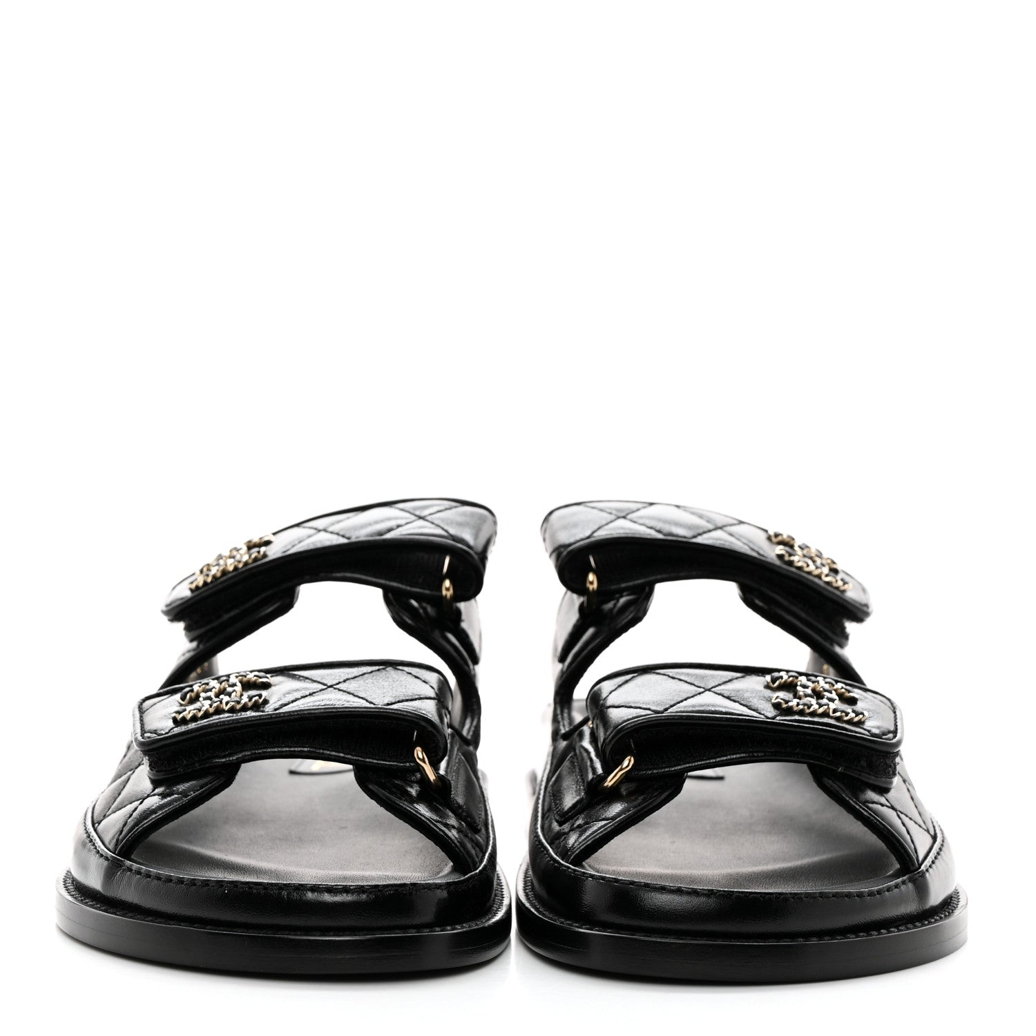 Chanel Lambskin Quilted Velcro Dad Chain CC Slide Sandals 36.5 Black 2 of 9