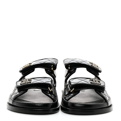 Chanel Lambskin Quilted Velcro Dad Chain CC Slide Sandals 36.5 Black 2 of 9