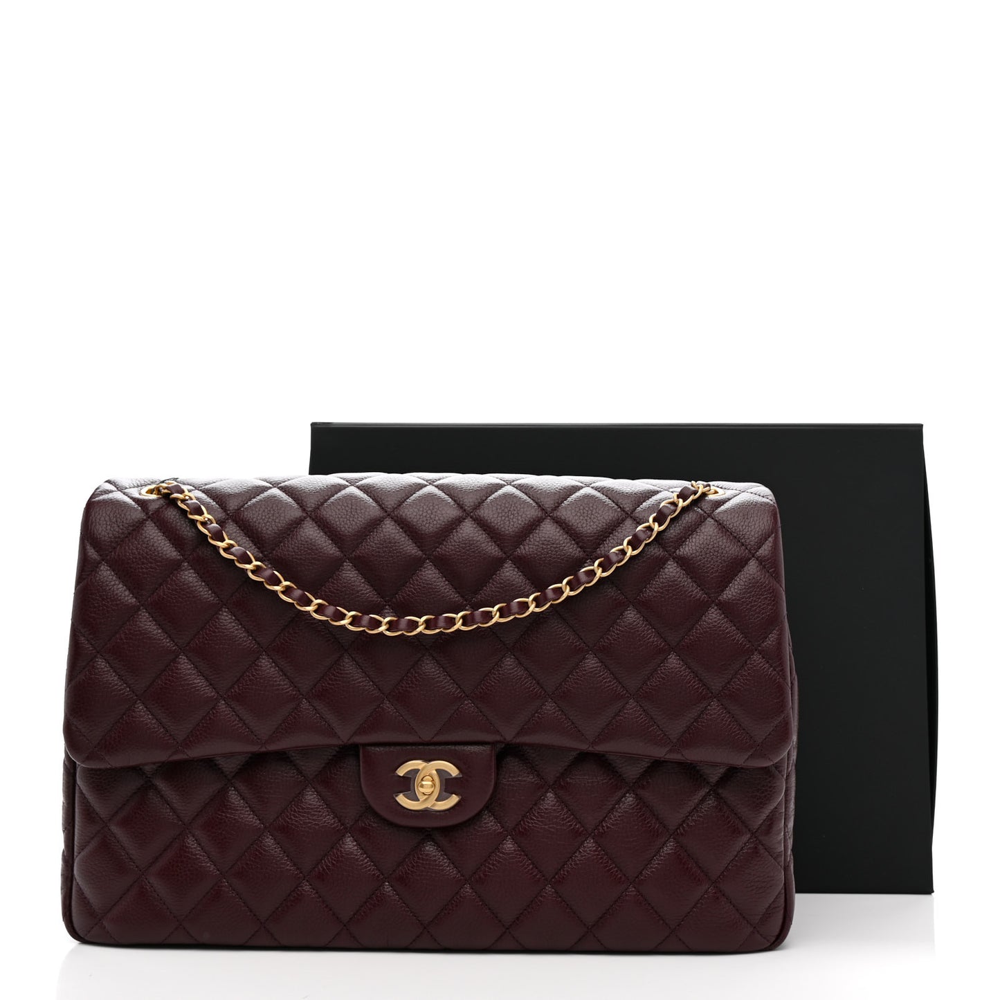 Grained Calfskin Quilted XXL Travel Flap Bag Burgundy