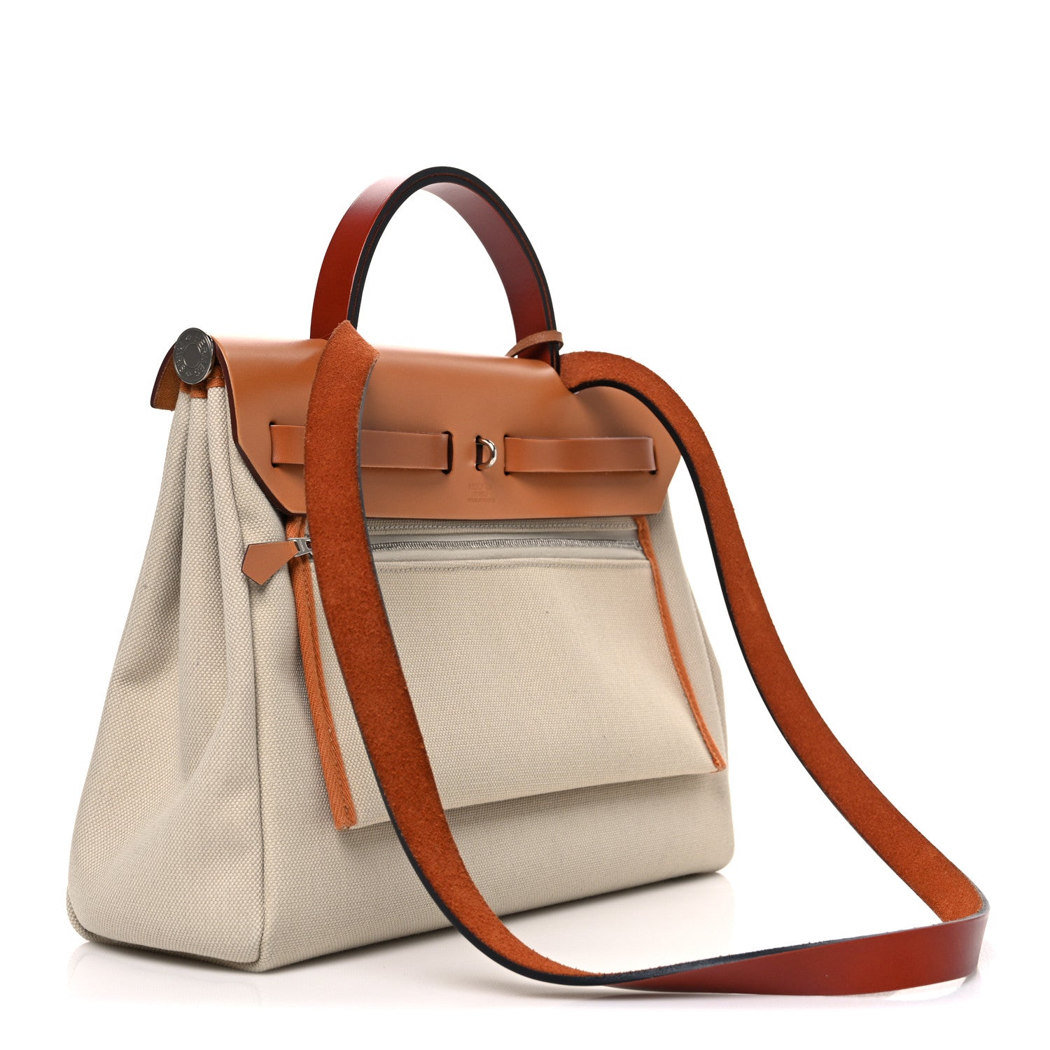 Hermes Military Toile Vache Hunter Herbag Zip Retourne 31 PM Beton Naturel Fauve Cuivre 4 of 12