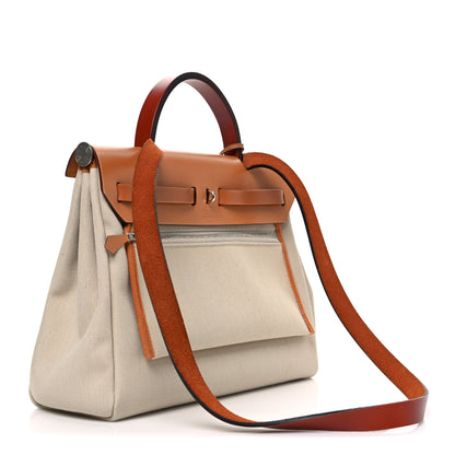 Hermes Military Toile Vache Hunter Herbag Zip Retourne 31 PM Beton Naturel Fauve Cuivre 4 of 12
