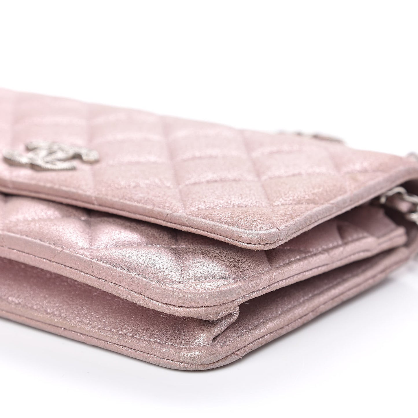 Iridescent Calfskin Quilted Wallet on Chain WOC Light Pink