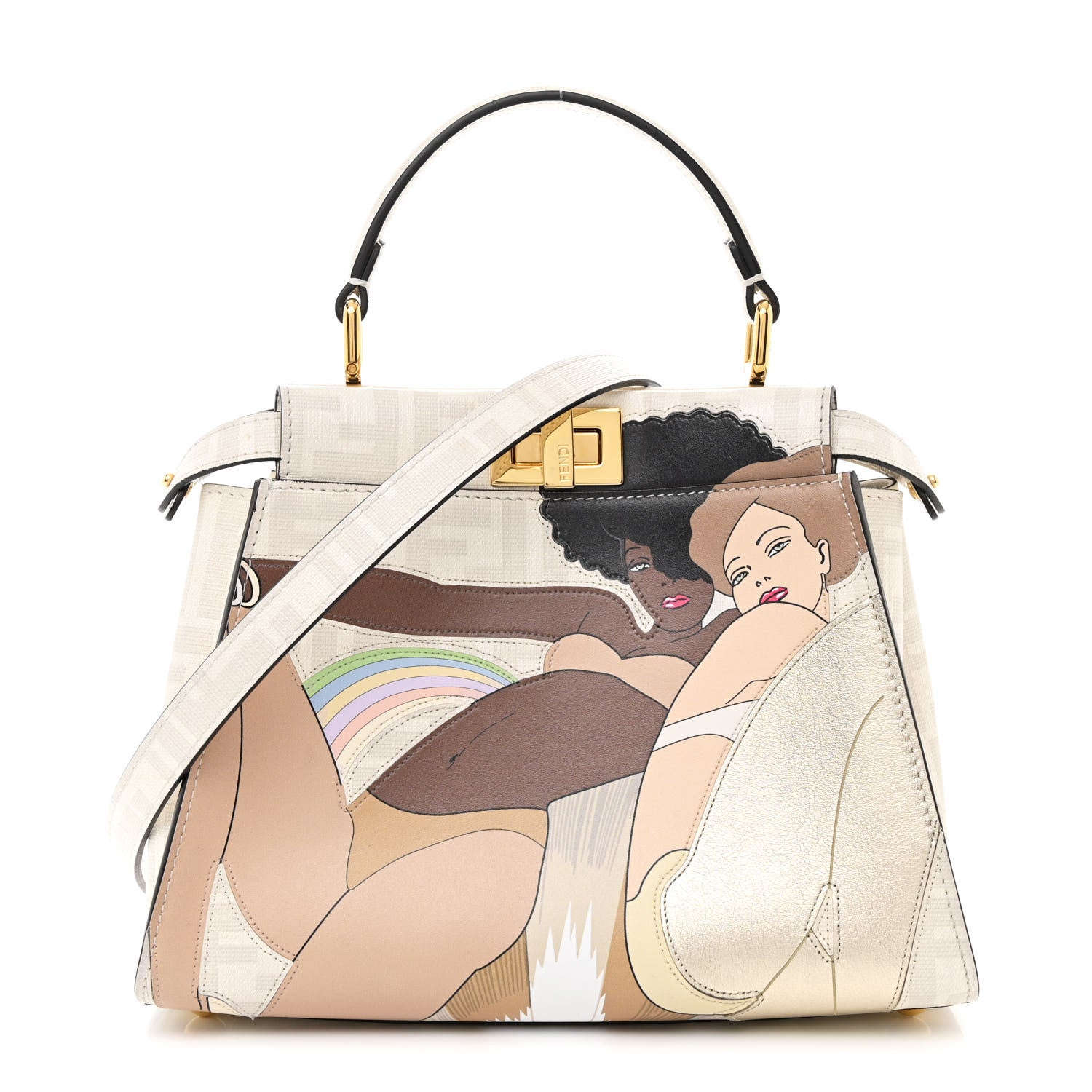 Fendi Glazed Fabric Nappa FF Disco Girls Inlay Mini Peekaboo Iconic Satchel Bianco Perla Multicolor 1 of 11