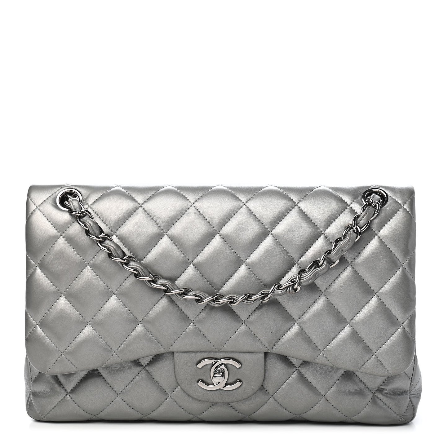Metallic Lambskin Quilted Jumbo Double Flap Grey