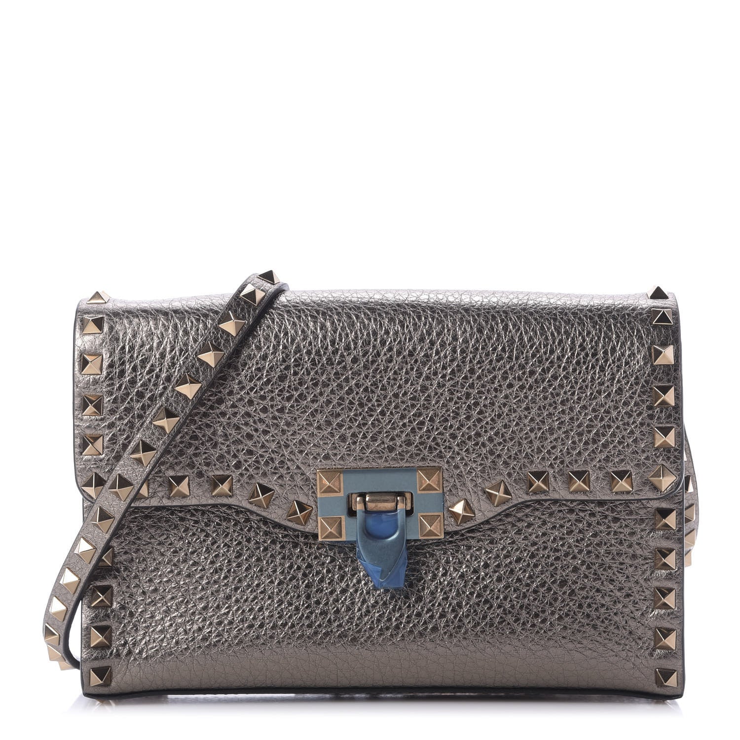 Valentino Garavani Metallic Pebbled Calfskin Medium Rockstud Flip Lock Crossbody Bag Sasso 1 of 8