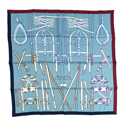 Hermes Silk Harnais De Timon Scarf 90 Bleu Glacier Bordeaux 1 of 4