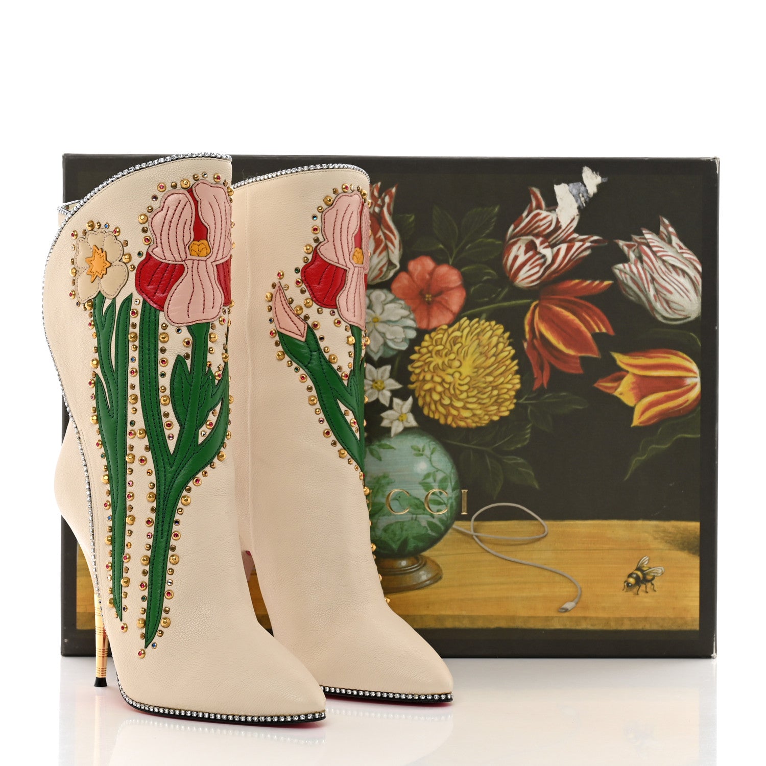 Gucci Calfskin Floral Crystal Embroidered Fosca Boots 38 Mystic White 10 of 10