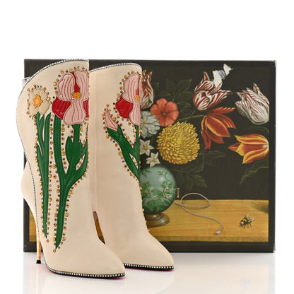 Gucci Calfskin Floral Crystal Embroidered Fosca Boots 38 Mystic White 10 of 10