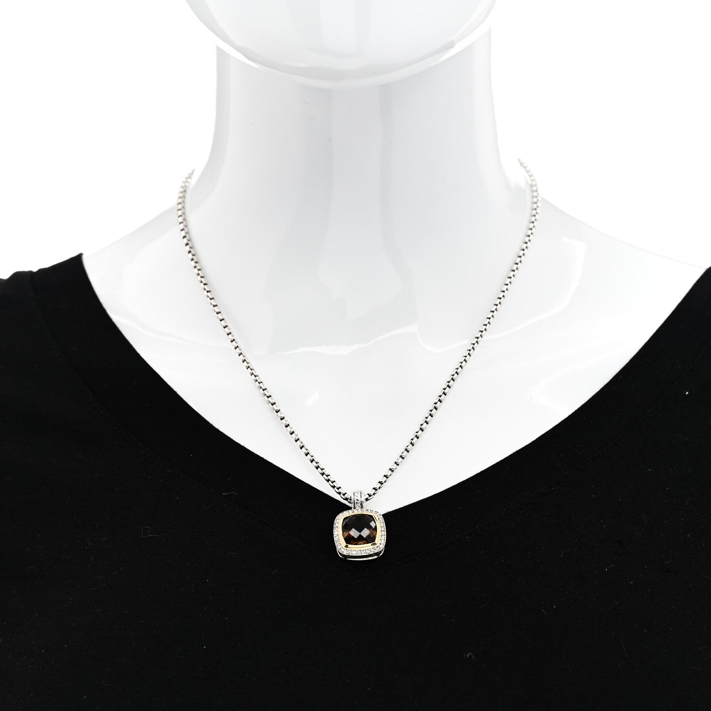 Sterling Silver Diamond 18K Yellow Gold Smoky Quartz 11mm Albion Pendant Necklace