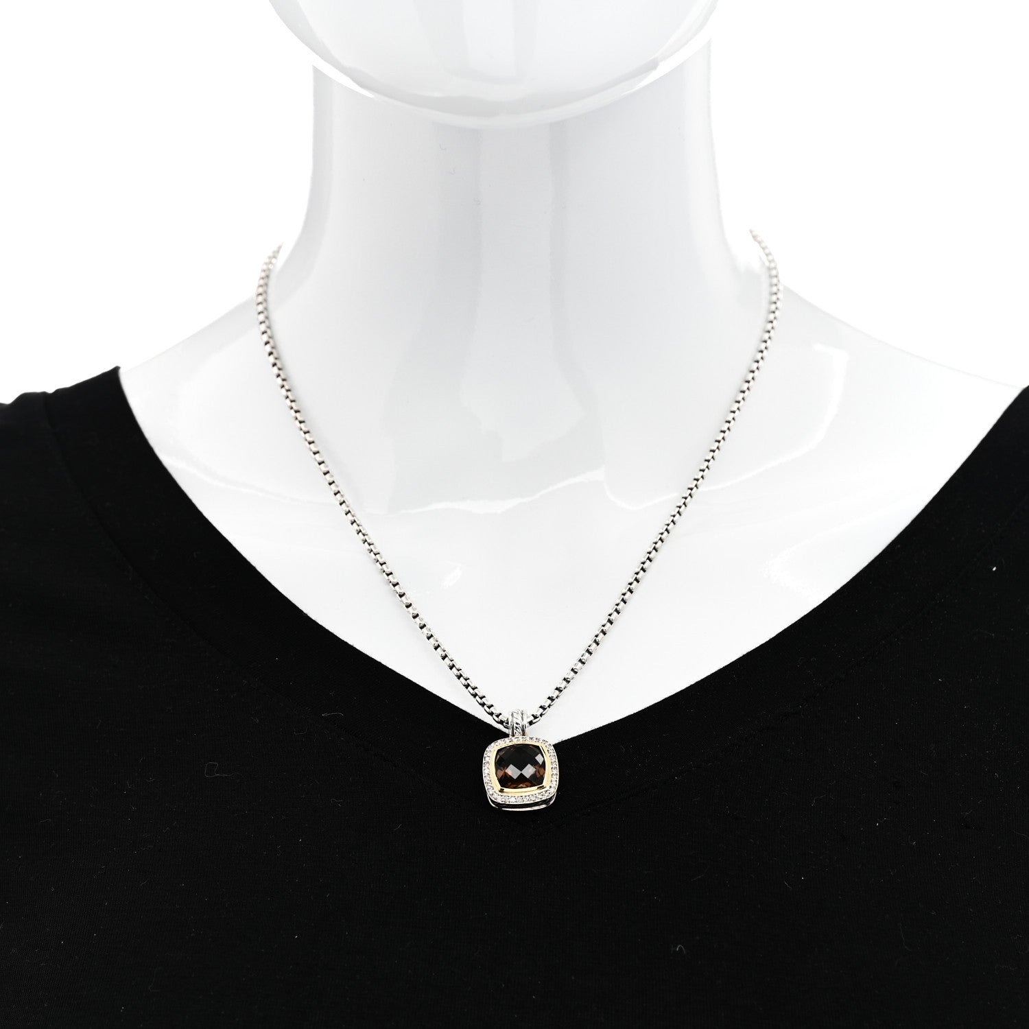 David Yurman Sterling Silver Diamond 18K Yellow Gold Smoky Quartz 11mm Albion Pendant Necklace 2 of 5