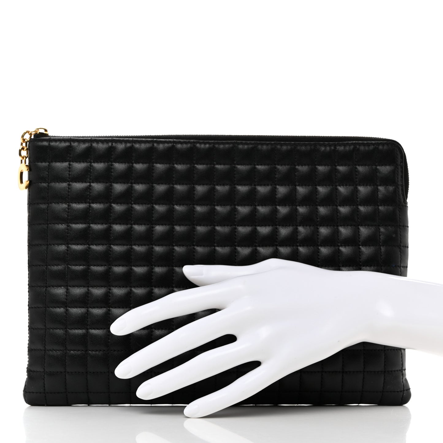 Calfskin Quilted C Charm Pouch Black