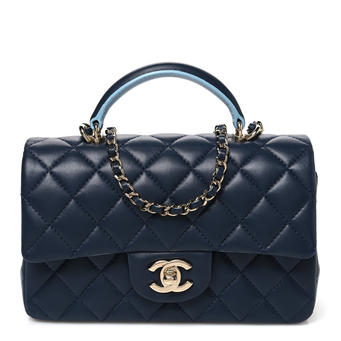 Lambskin Quilted Bi-Color Mini Top Handle Rectangular Flap Navy Blue Light Blue