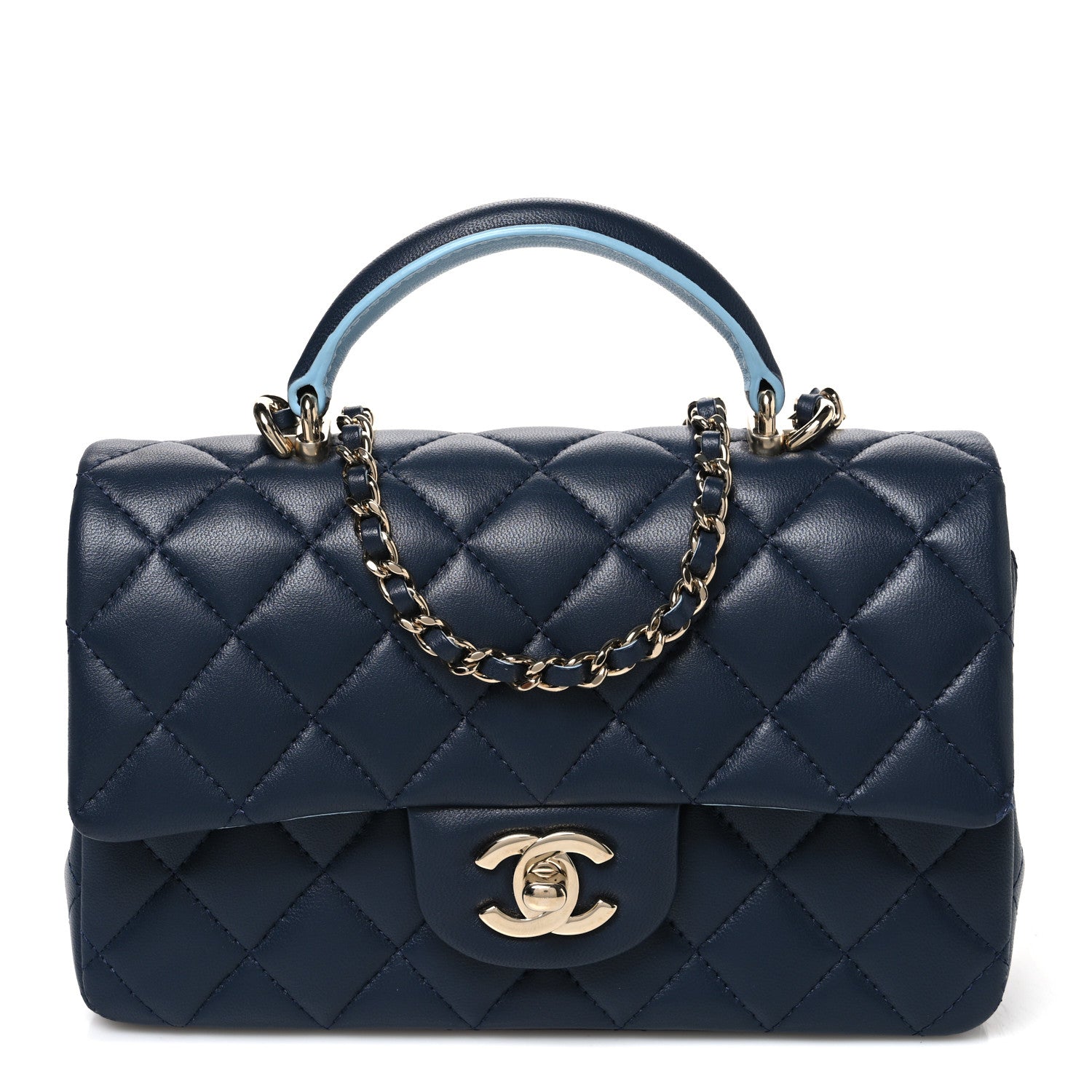 Chanel Lambskin Quilted Bi-Color Mini Top Handle Rectangular Flap Navy Blue Light Blue 1 of 11
